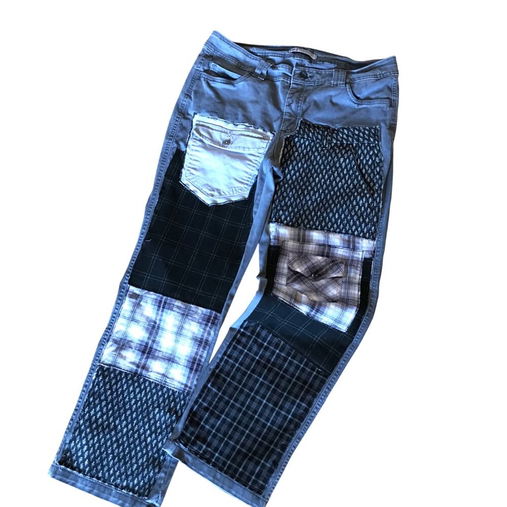 Grunge Hippie Pants, Upcycled Gray Tattered Patchwork Grunge Jeans, Sz 12 Petite